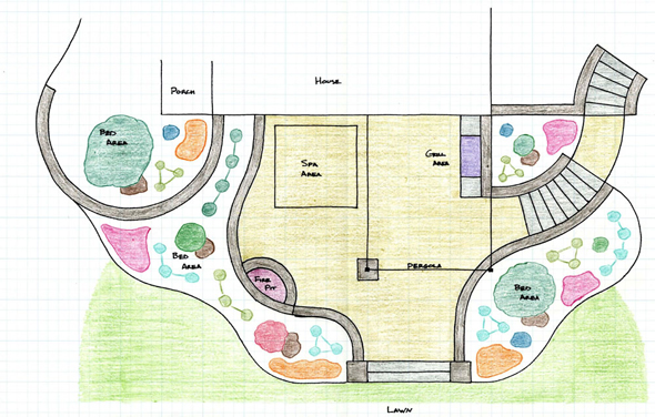 Plan for patio walkout with semicircular fire pit and plantings